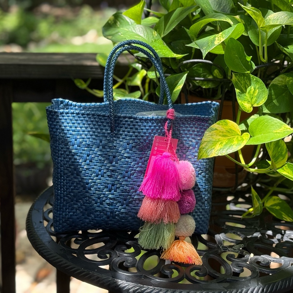 NWT Playful Blue and Pink Handwoven Tote with Whimsical Pom-Poms